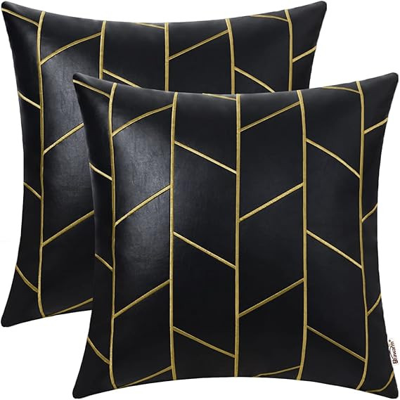 BRAWARM Faux Leather Pillow Covers 20 X 20 Inches, Black and Gold Leather Pillow Covers Pack of 2... | Amazon (US)