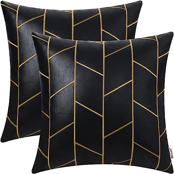 BRAWARM Faux Leather Pillow Covers 20 X 20 Inches, Black and Gold Leather Pillow Covers Pack of 2... | Amazon (US)
