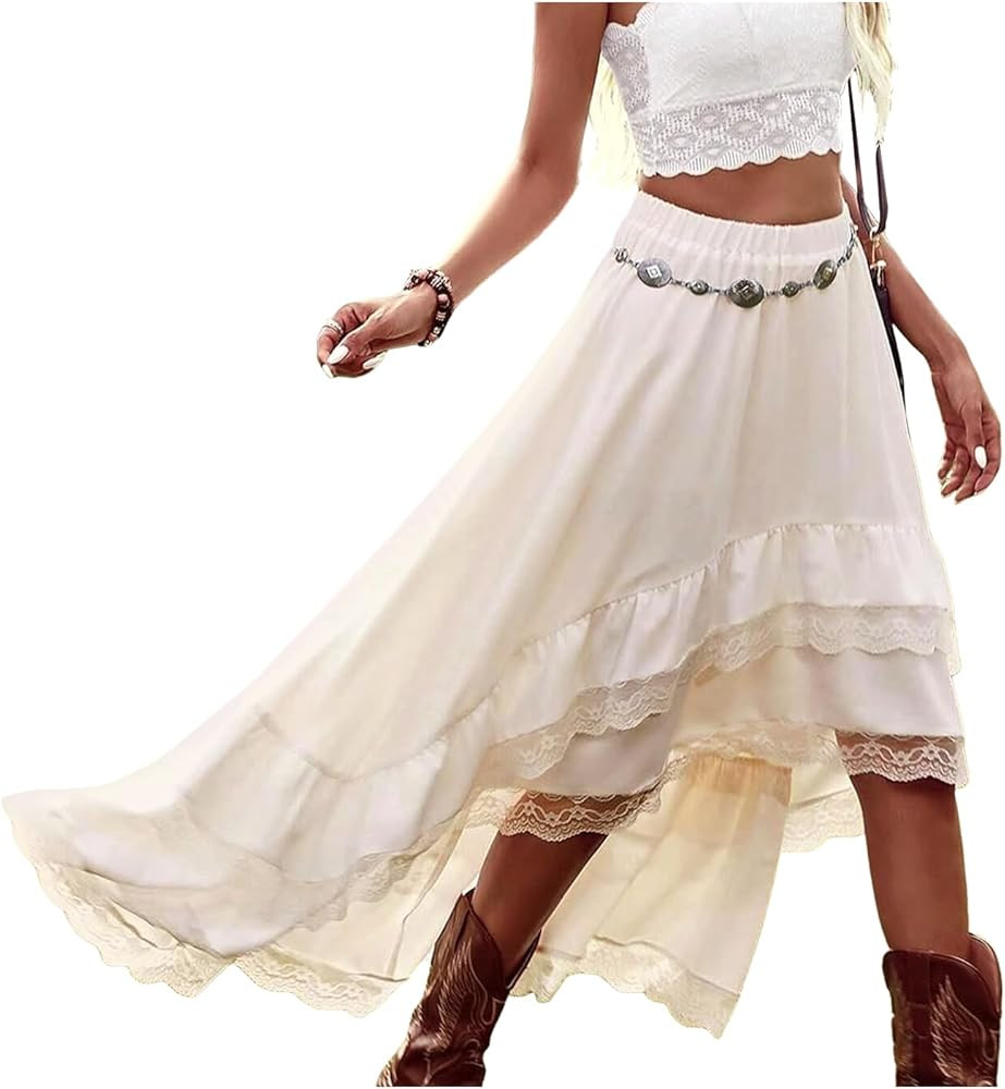 Yimoon Womens Western Boho Maxi Skirt Asymmetrical Lace Ruffle Long Skirt Flowy Country Cowgirl S... | Amazon (US)
