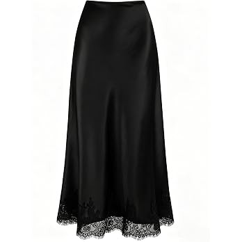 VividMosaic Lace Trim Satin Midi Skirt High Waisted Long Skirt for Women | Amazon (US)