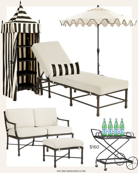 Chic black and white outdoor furniture perfect for the pool or the backyard. With a towel stand, loveseat, bar cart, chaise lounge, and umbrella, this is perfect for relaxing and entertaining. 

#LTKHome #LTKSeasonal