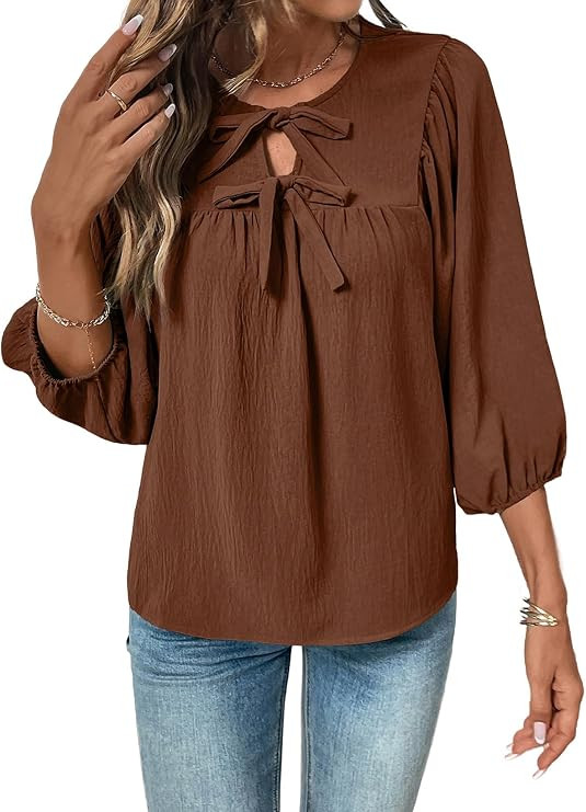 SHEWIN Womens Tops 3/4 Sleeves Blouse Babydoll Dressy Casual Top Elegant Bow Tie Loose Ladies Shi... | Amazon (US)
