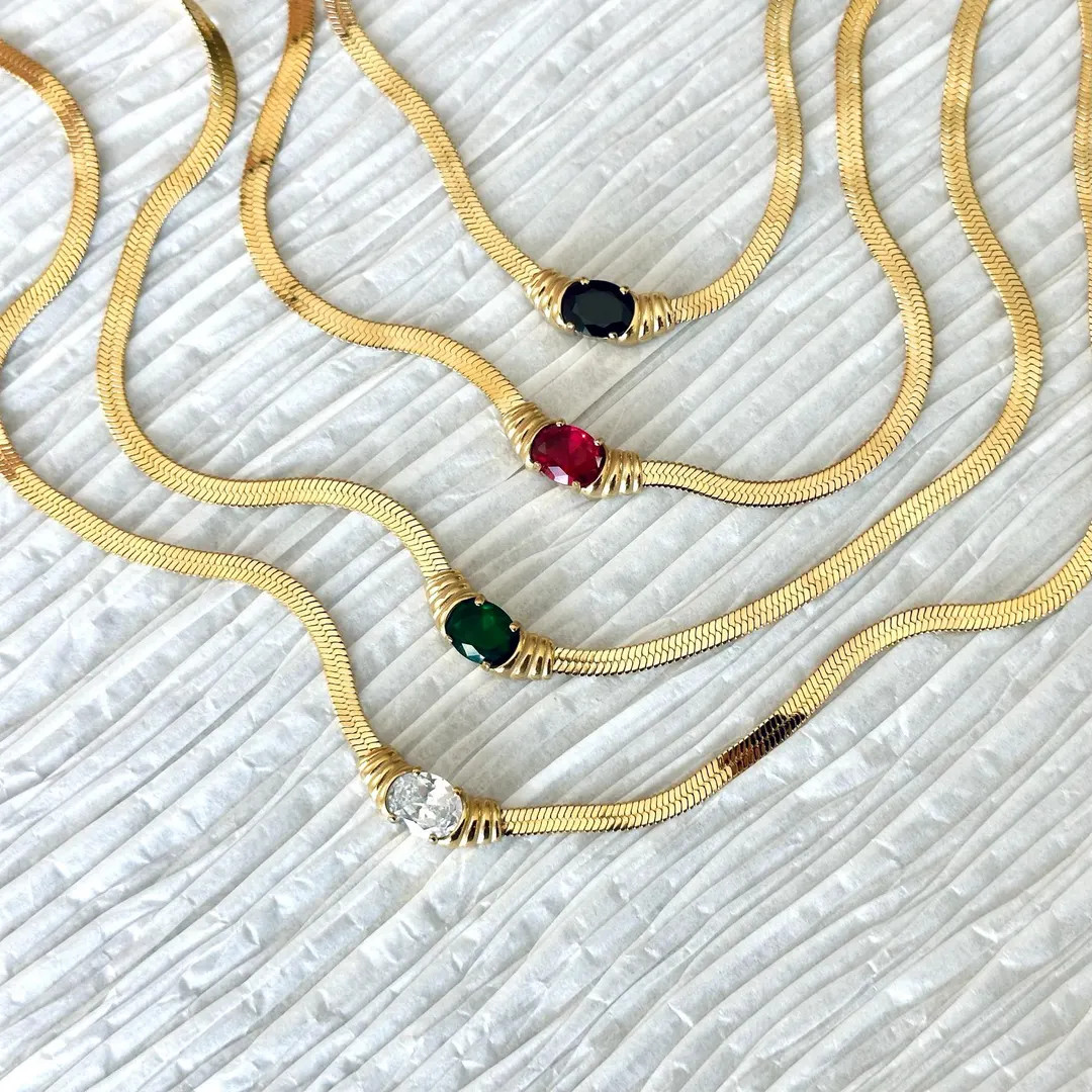 Gold Herringbone Necklace, Engraved CZ Gemstone Pendant, Snake Chain Choker, Personalized Gift fo... | Etsy (US)