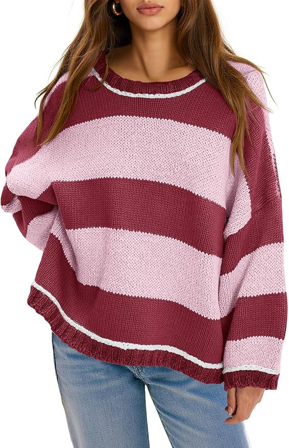 Fisoew Womens Oversized Sweaters Casual Long Sleeve Striped Color Block Crewneck Knitted Loose Fa... | Amazon (US)