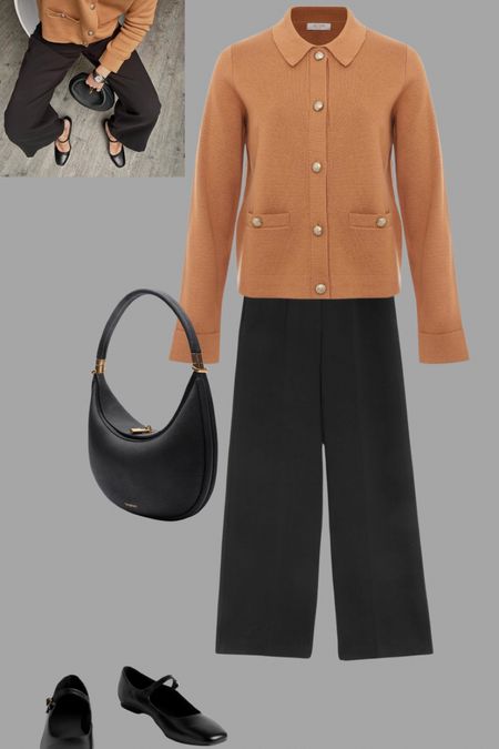 Stunning butterscotch knitted jacket from Hobbs with classic black wide trousers, the most versatile bag and Mary Janes 