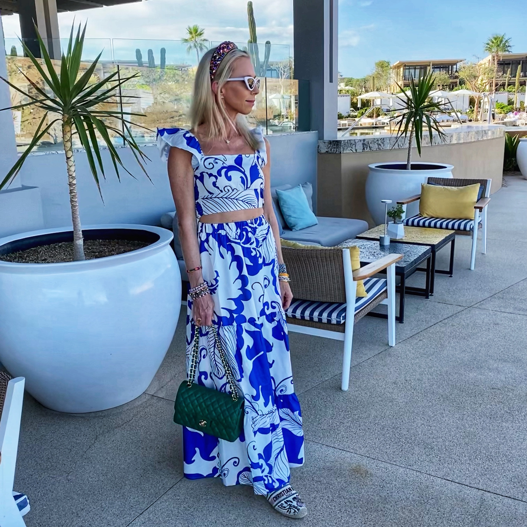 Comfortable high waisted elastic waist two piece skirt set. Vibrant colors. Vacation perfect. Added a Chanel bag and Dior espadrilles 

#LTKunder50 #LTKshoecrush #LTKtravel