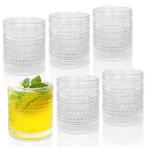 JPPSUJJ Cocktail Glasses 10 oz Hobnail Drinking Glasses Set of 6, Vintage Glassware, Textured Glass Cups Bubble Glasses Water Glasses Old Fashion Jupiter Glasses Set, clear | Amazon (US)