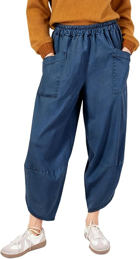 Womens Baggy Wide Leg Denim Pants Elastic Waisted Casual Loose Barrel Jeans with Pockets | Amazon (US)
