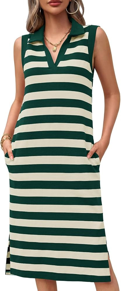 Wenrine Women's Striped Summer Dress Casual Polo V Neck Sleeveless Slit Loose Fit T Shirt Midi Dr... | Amazon (US)