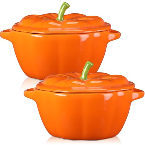 Ziliny 2 Pcs Pumpkin Bowls Ceramic Pumpkin Dish 13 oz Casserole Cookware Serving Pot Pumpkin Safe Oven Pot with Lid and Handle for Fall Halloween Thanksgiving Autumn Cooking Baking Dessert | Amazon (US)