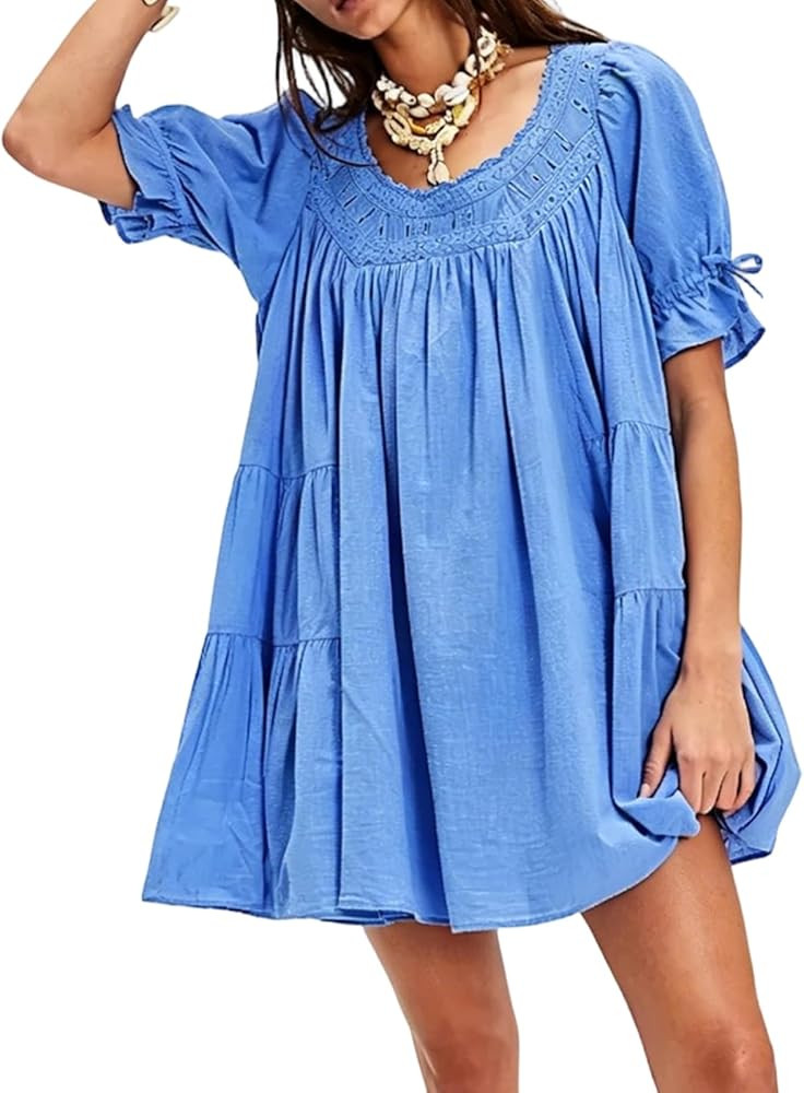 Foidiccx Womens Loose Cotton Ruffle Eyelet Babydoll Puff Sleeve Mini Dress Y2k Boho Summer Going ... | Amazon (US)