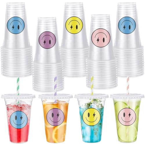 Norme 52 Sets Smile Face Plastic Cups with Lids 16 oz Clear Disposable Iced Coffee Cups with Colorful Stripes Paper Straws for Cold Drinks Birthday Bachelorette Party Drinkware | Amazon (US)