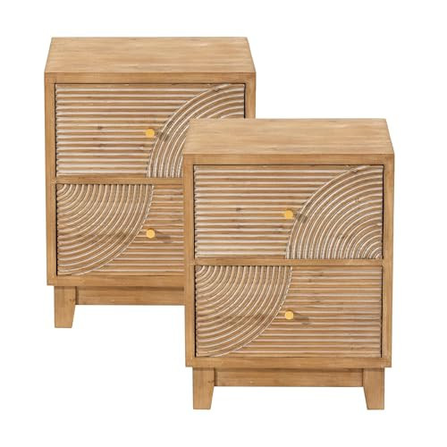 COZAYH Set of 2 2-Drawer Farmhouse Nightstand, Mid Century Nightstand Fully Assembled with Handcrafted Wood Ring Pattern for Boho, Mid-Century, Rustic Style, Natural Wood | Amazon (US)