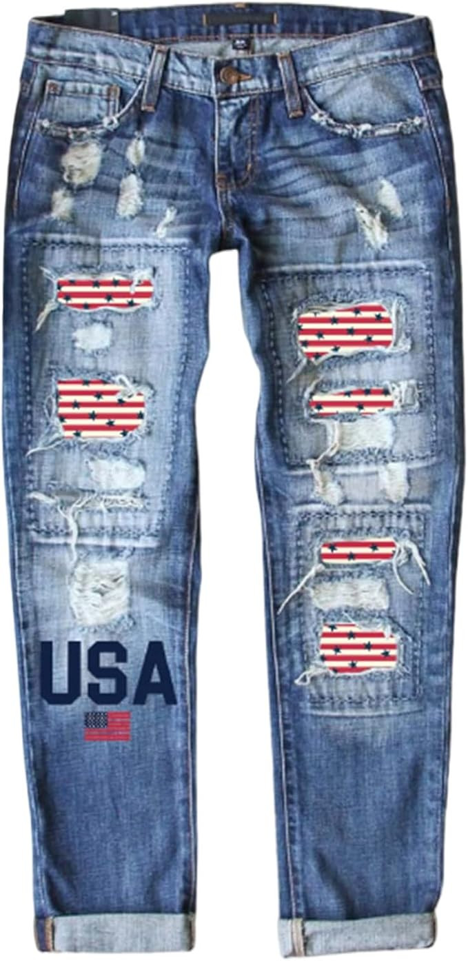 Ripped Jeans for Women Plaid Patch Boyfriend Distressed Stretch Skinny Casual Trendy Denim Pants ... | Amazon (US)