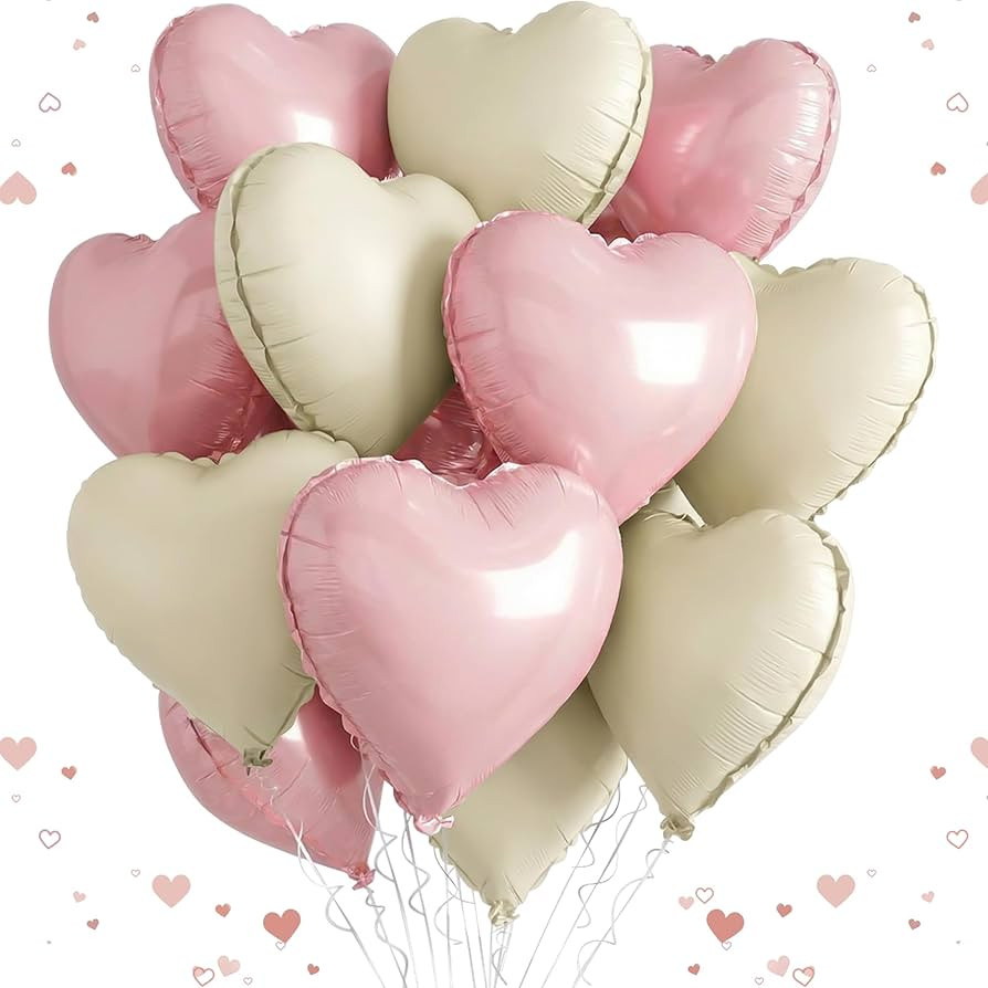 12 PCS Pink Cream Heart Balloons, 18 Inch Large Pink Cream Heart Foil Balloons Reusable Love Ball... | Amazon (US)