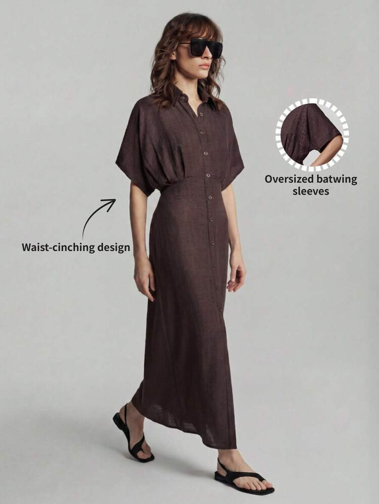 Ontre Women's Shades Of Brown Autumn Effortless Chic Casual Vacation Midi Dress, Fitted Lapel Shi... | SHEIN