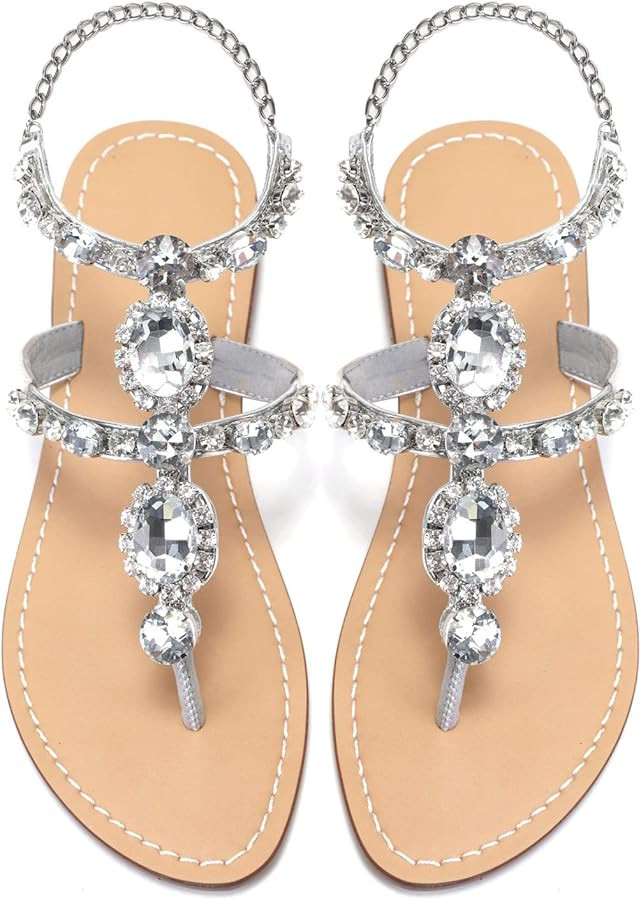 ZhuLinFeng Women'S Rhinestone Gladiator Sandals Flat Wedding Sandals Gem Pearl Sparkling Bridal B... | Amazon (US)