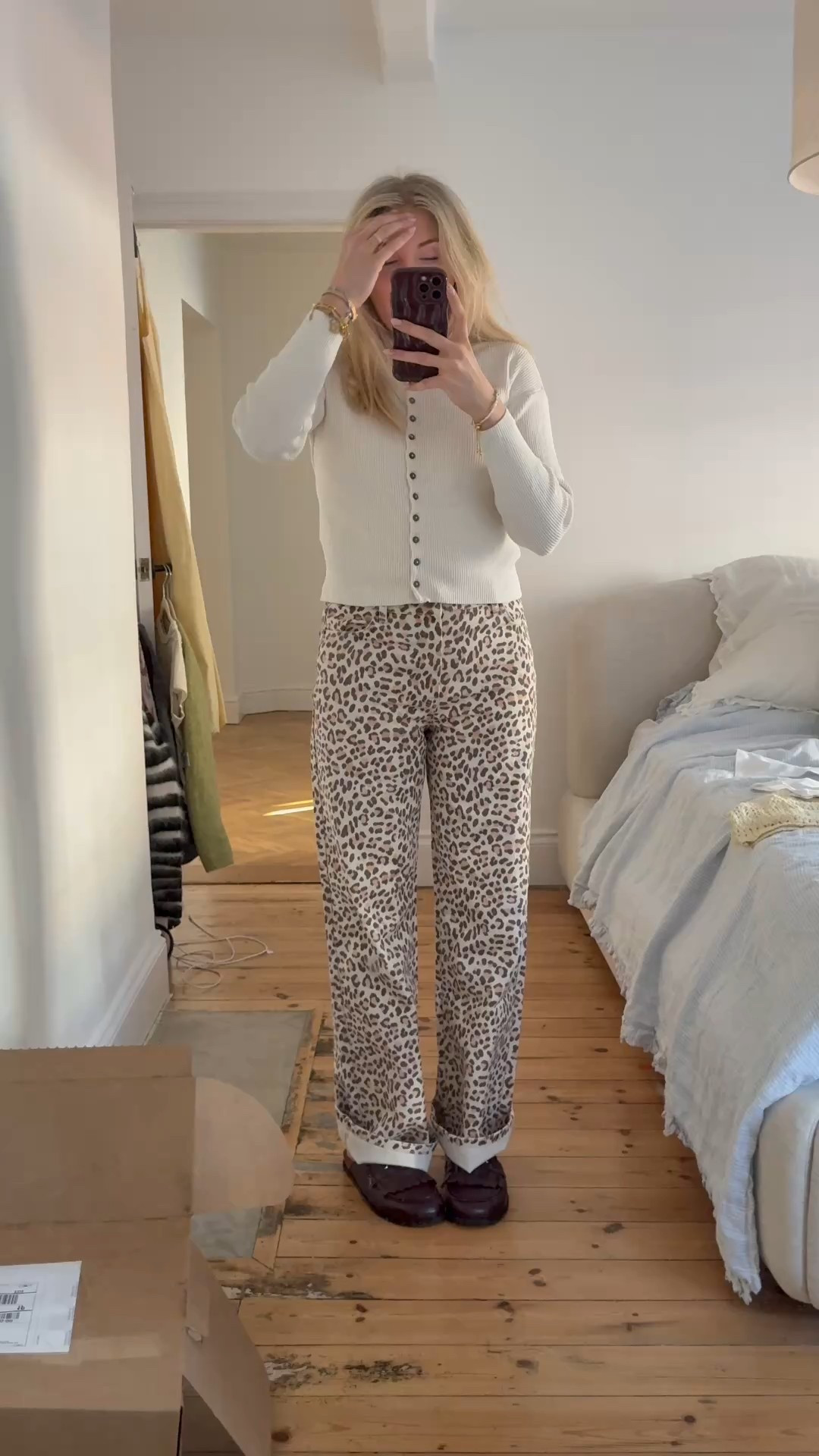 Spring outfit idea ✨ cream cardigan from M&S, leopard print wide leg jeans from sezane in a lovely spring print! Russel and Bromley slip on clogs with cute details for spring 

#LTKeurope #LTKuk #LTKspring