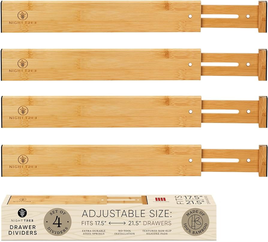 Night Tree Expandable Bamboo Drawer Dividers – Spring-Loaded Wooden Organizers for Clothes, Kit... | Amazon (US)