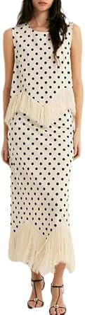 THLAI Women Polka Dot 2 Piece Skirt Sets Sleeveless Fringe Trim Top and Midi Skirt Summer Casual Outfits | Amazon (US)