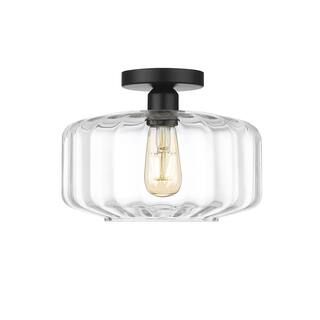 Preston 1-Light Black Semi-Flush Mount with Ringe Glass Shades | The Home Depot