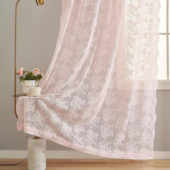 Light Pink Sheer Lace Scalloped Curtains 2 Panel Set for Baby Girls Room - Feminine Flowy Cute Gi... | Amazon (US)