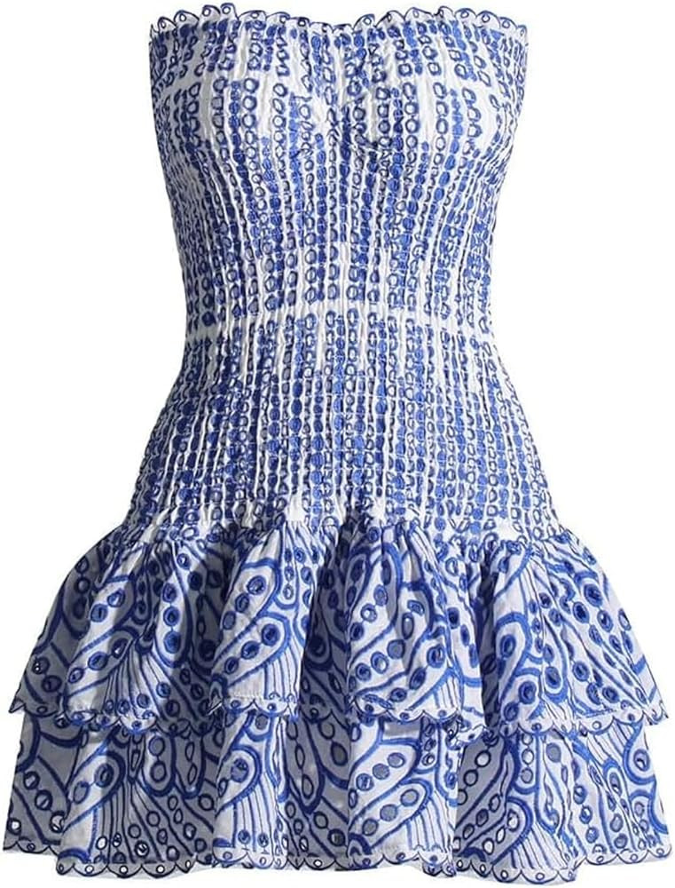 Tube Top Preppy Dress Women Y2k Blue Floral Strapless Mini Dress Vintage Short Going Out Dresses | Amazon (US)