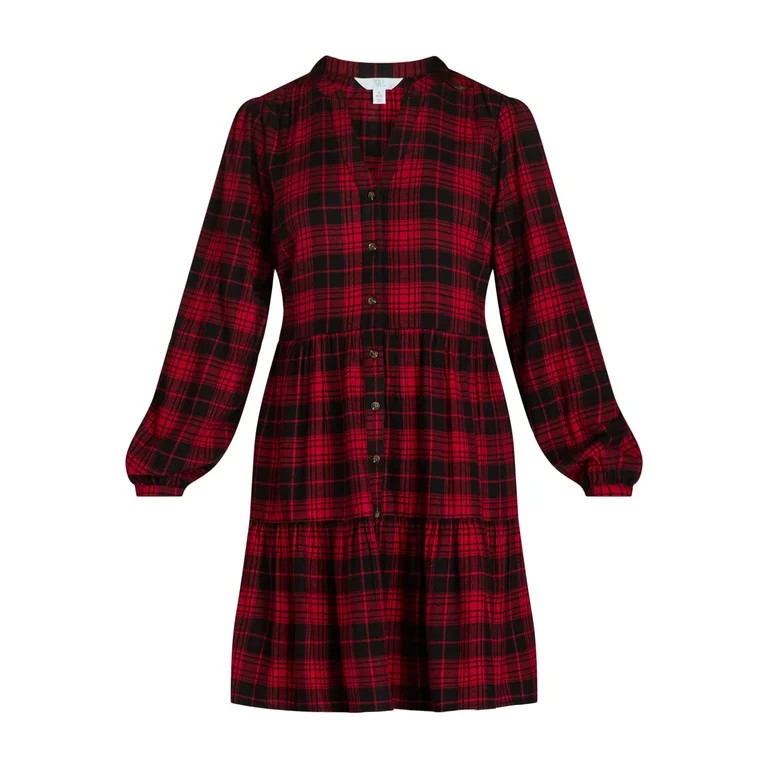 Time And Tru Women's and Women's Plus Tiered Plaid Shirt Dress, Sizes XS-4X - Walmart.com | Walmart (US)