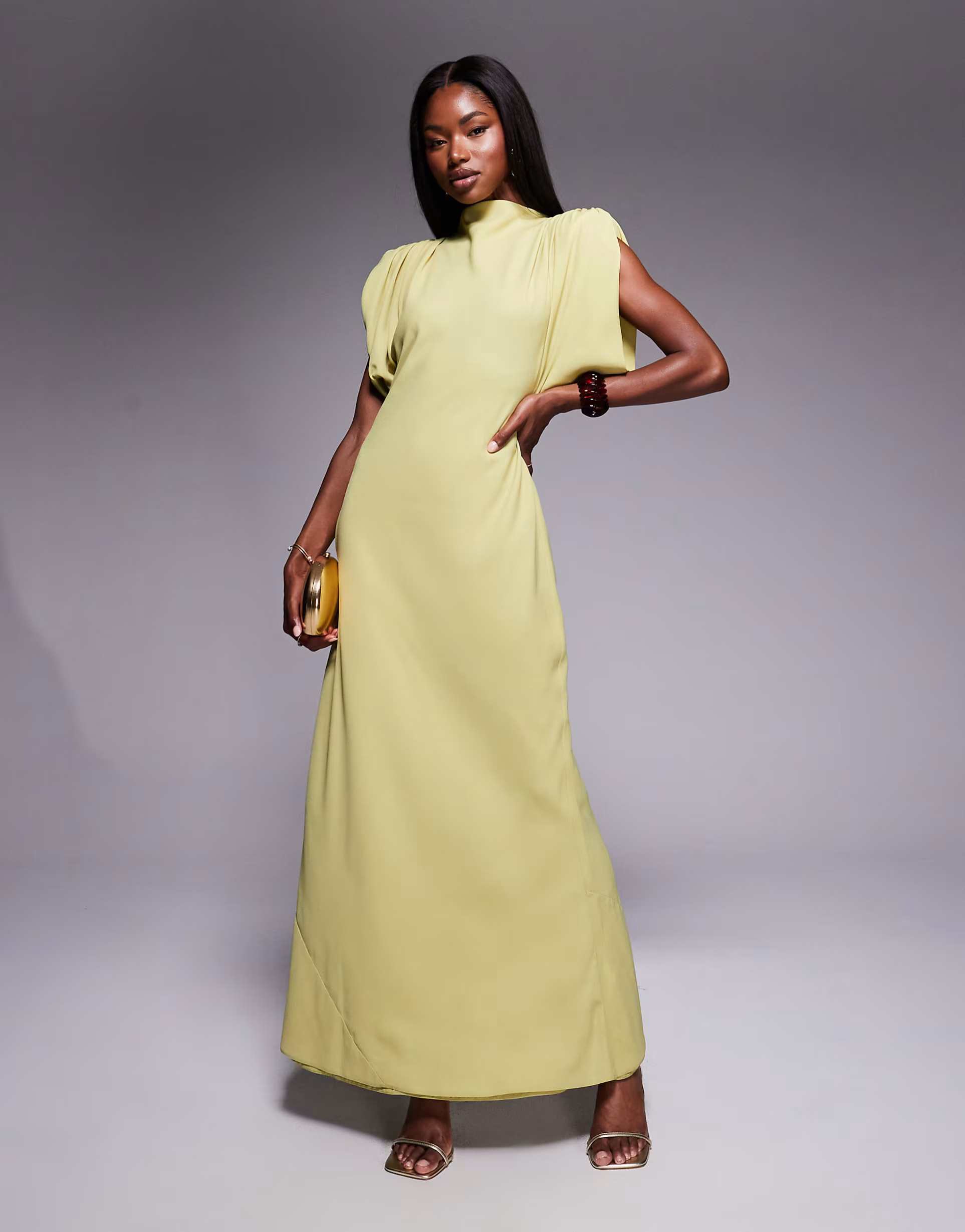 ASOS DESIGN high neck satin shoulder pads maxi dress with cowl back in olive | ASOS (Global)