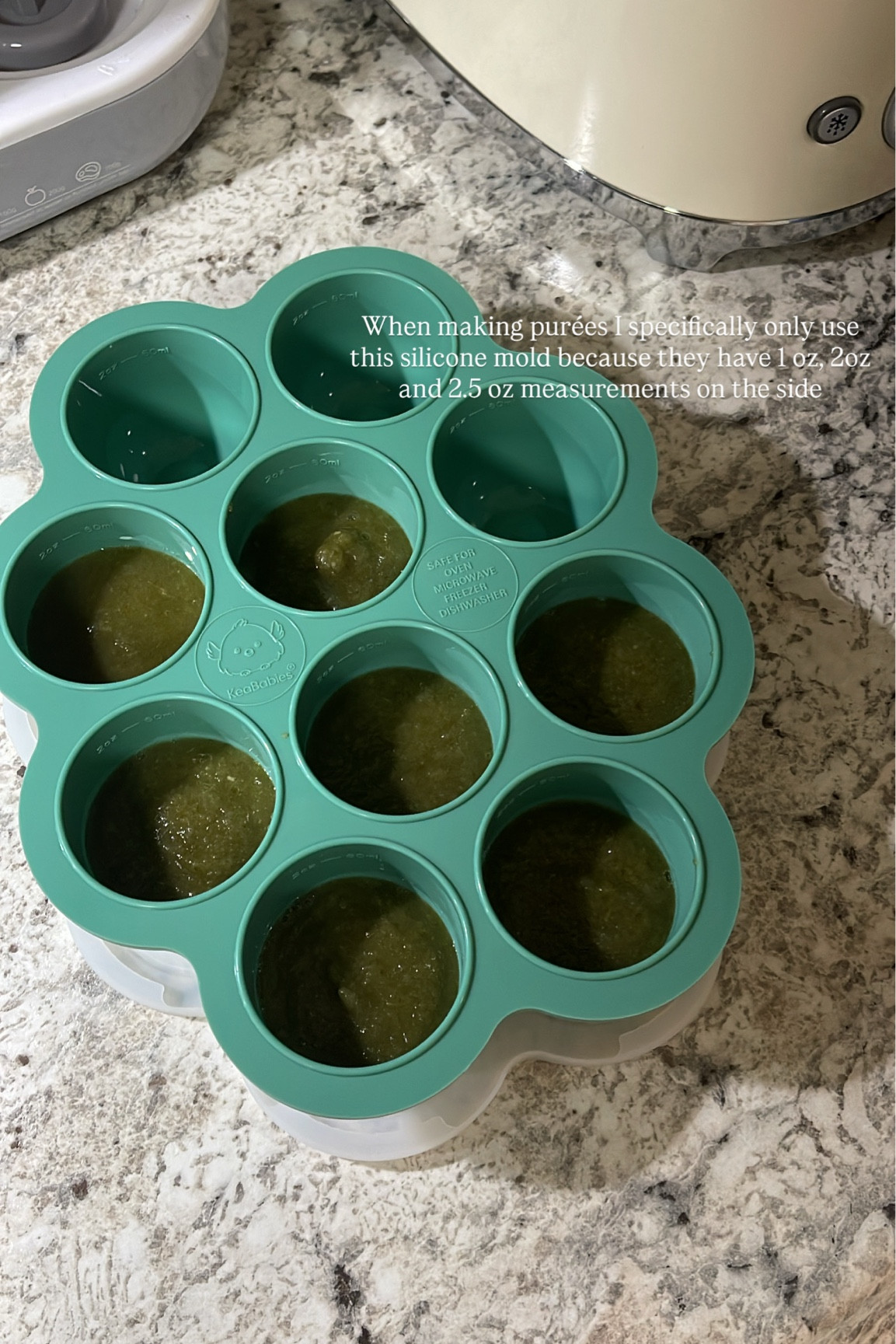 Baby puree silicone mold that has measurements on the side. 