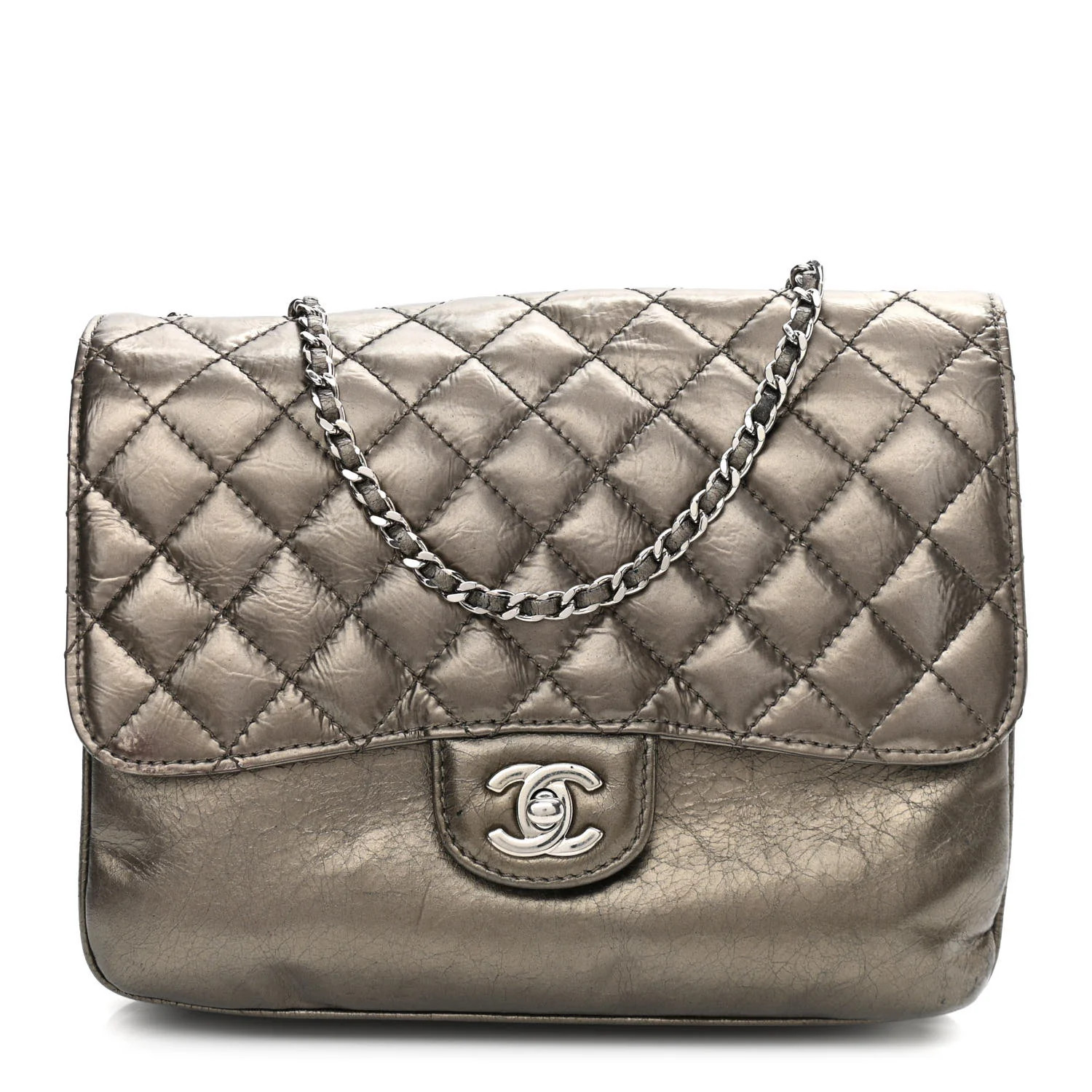 Metallic Crackled Calfskin Medium Clam's Pocket Flap Dark Silver | FASHIONPHILE (US)