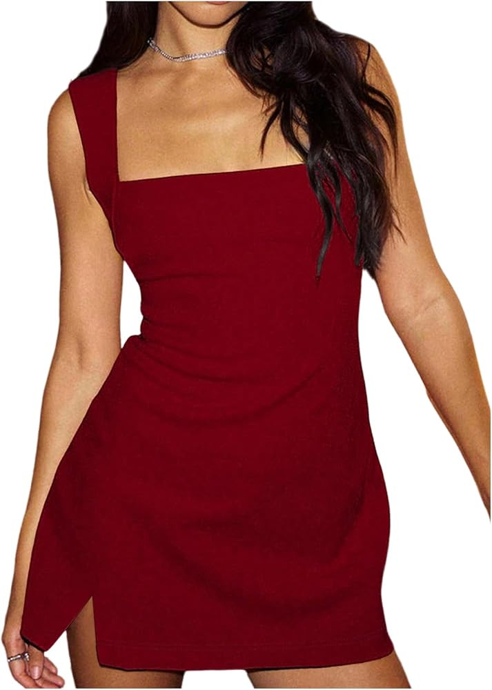 SOLY HUX Women's Summer Sleeveless Mini Dress Square Neck Split Hem Bodycon Party Club Dresses | Amazon (US)
