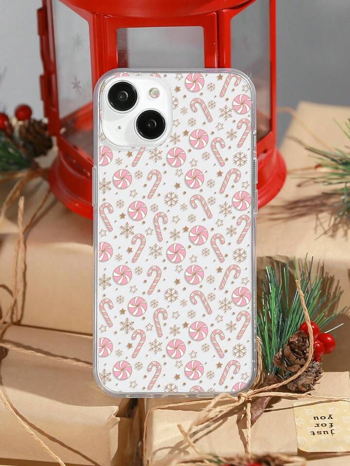 Christmas Theme Pink Candy Cane Transparent Phone Case For Iphone | SHEIN
