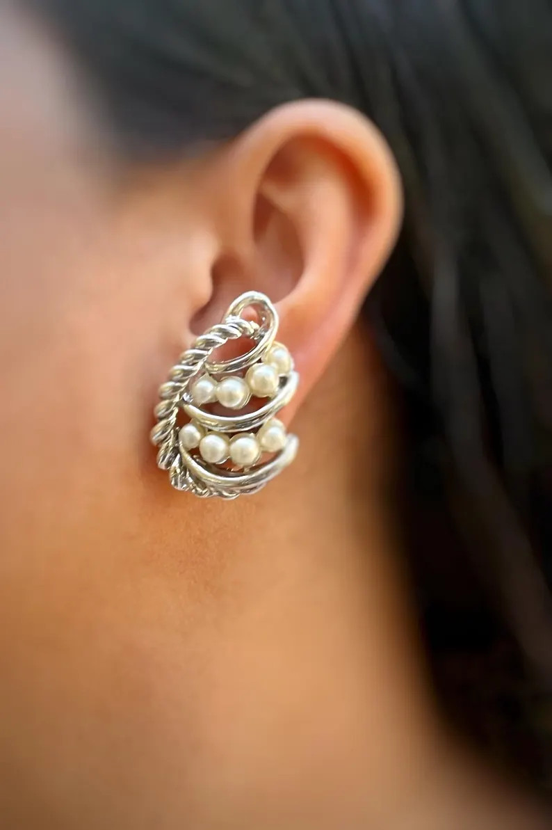 Vintage Pearl Clip-On Earrings \u2013 Silver  Sculptural Rope Detail Bridal Statement | Etsy (Global)