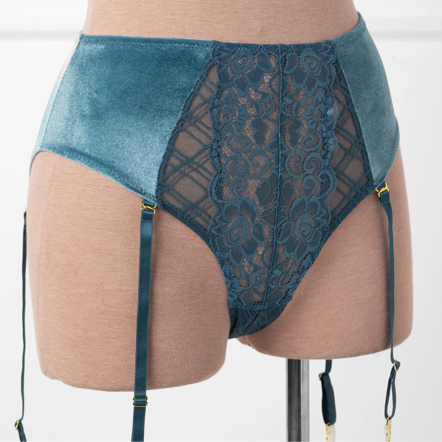 High Waist Velvet Crotchless Garter Panty - Retro Blue | Mentionables