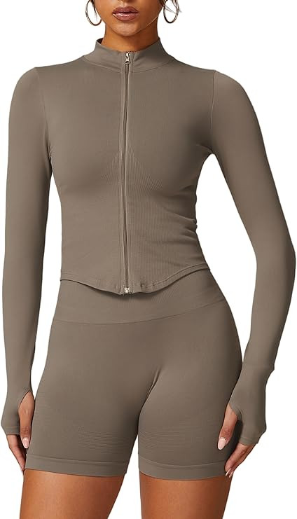 Women Full Zip Seamless Workout Jacket Running Yoga Slim Fit Track Workout Coat Cropped Athletic ... | Amazon (US)