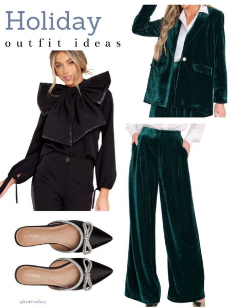 Holiday outfit ideas! Green velvet set with trousers and blazer paired with black oversized bow blouse and black bow flats!

#LTKHoliday #LTKfit #LTKSeasonal