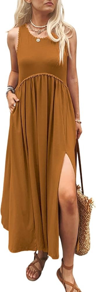 Women's Maxi Dress Summer Sleeveless Crewneck Swing Sundress Casual Loose Long Dresses with Pocke... | Amazon (US)