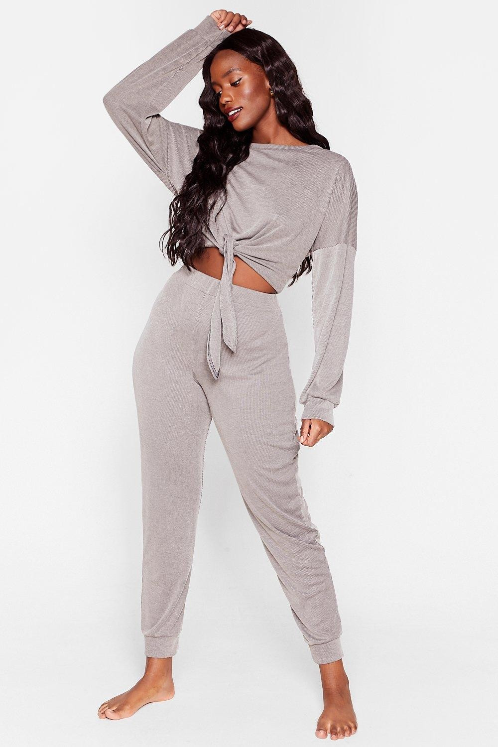 Womens Tie Miss You Baby Plus Ribbed Crop Top and Jogger Set - Grey | NastyGal (US & CA)