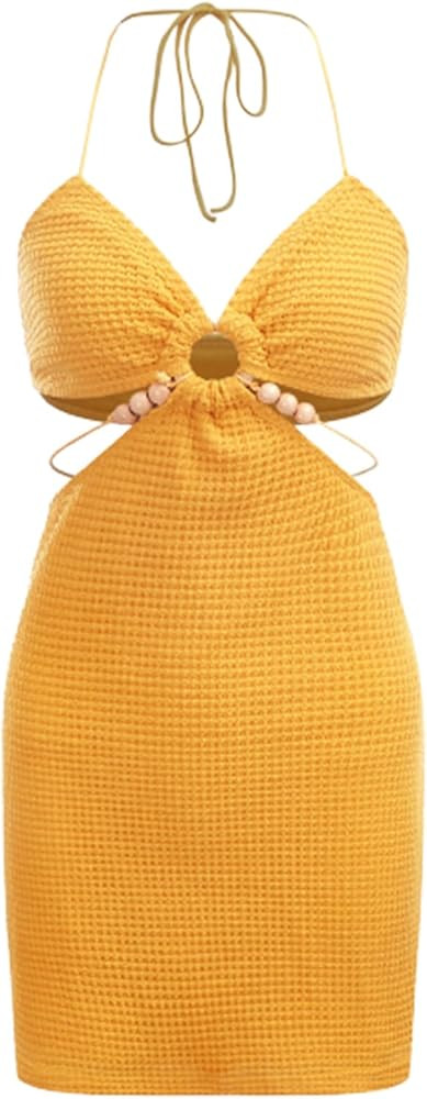 Verdusa Women's Casual Sleeveless Tie Backless Cut Out V Neck Bodycon Halter Mini Beach Boho Dres... | Amazon (US)