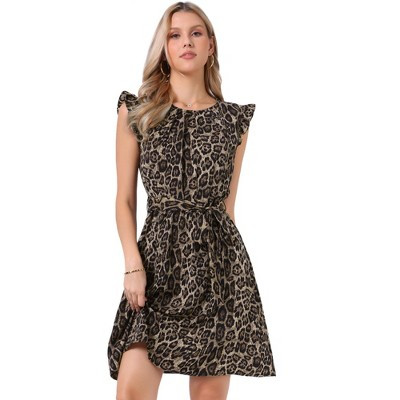 INSPIRE CHIC Women's Leopard Ruffled Sleeve Round Neck Flowy Belted A-Line Mini Dresses X-Small Brown | Target