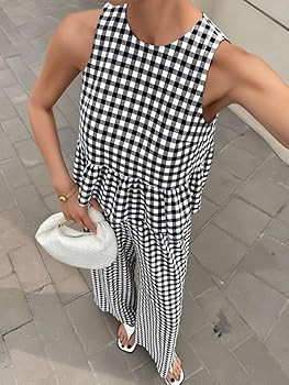 Women's 2 Piece Gingham Set Summer Outfits Ruffle Tank Top and Wide Leg Pants Matching Lounge Set | Amazon (US)