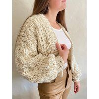 Chunky Knit Cropped Cardigan, Hand Knit Beige Wool Cardigan, Cottagecore Clothing For Women | Etsy (US)