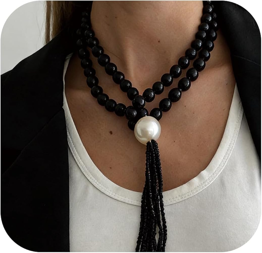 Chunky Beaded Necklace for Women Acrylic Round Beaded Pearl Chain Tassel Necklace Chunky Layered ... | Amazon (US)