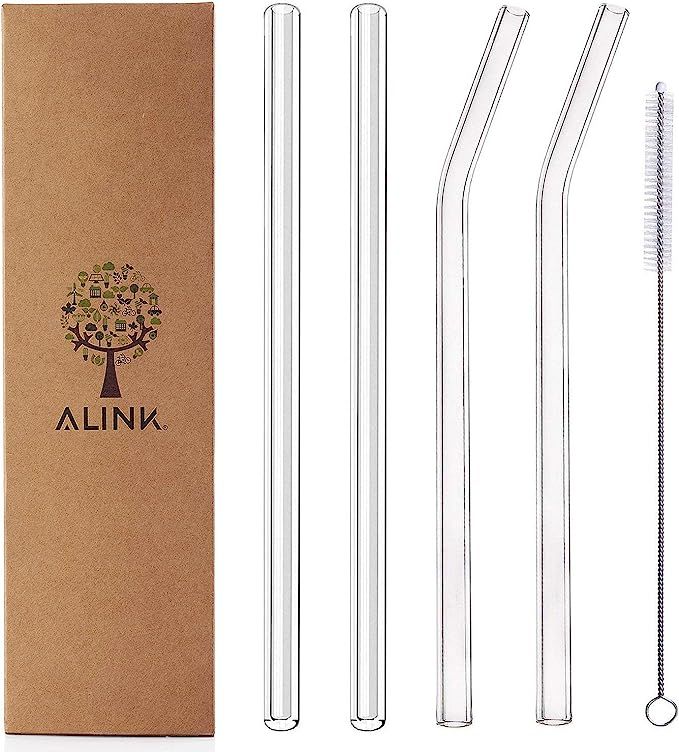 Alink Clear Glass Straws, 9 in X 10 mm Reusable Straight & Bent Smoothie Straws, Set of 4 with Cl... | Amazon (US)