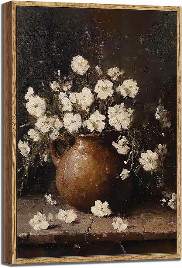 Framed Farmhouse Rustic Flower Wall Art Retro Moody White Floral Canvas Painting Vintage Country ... | Amazon (US)