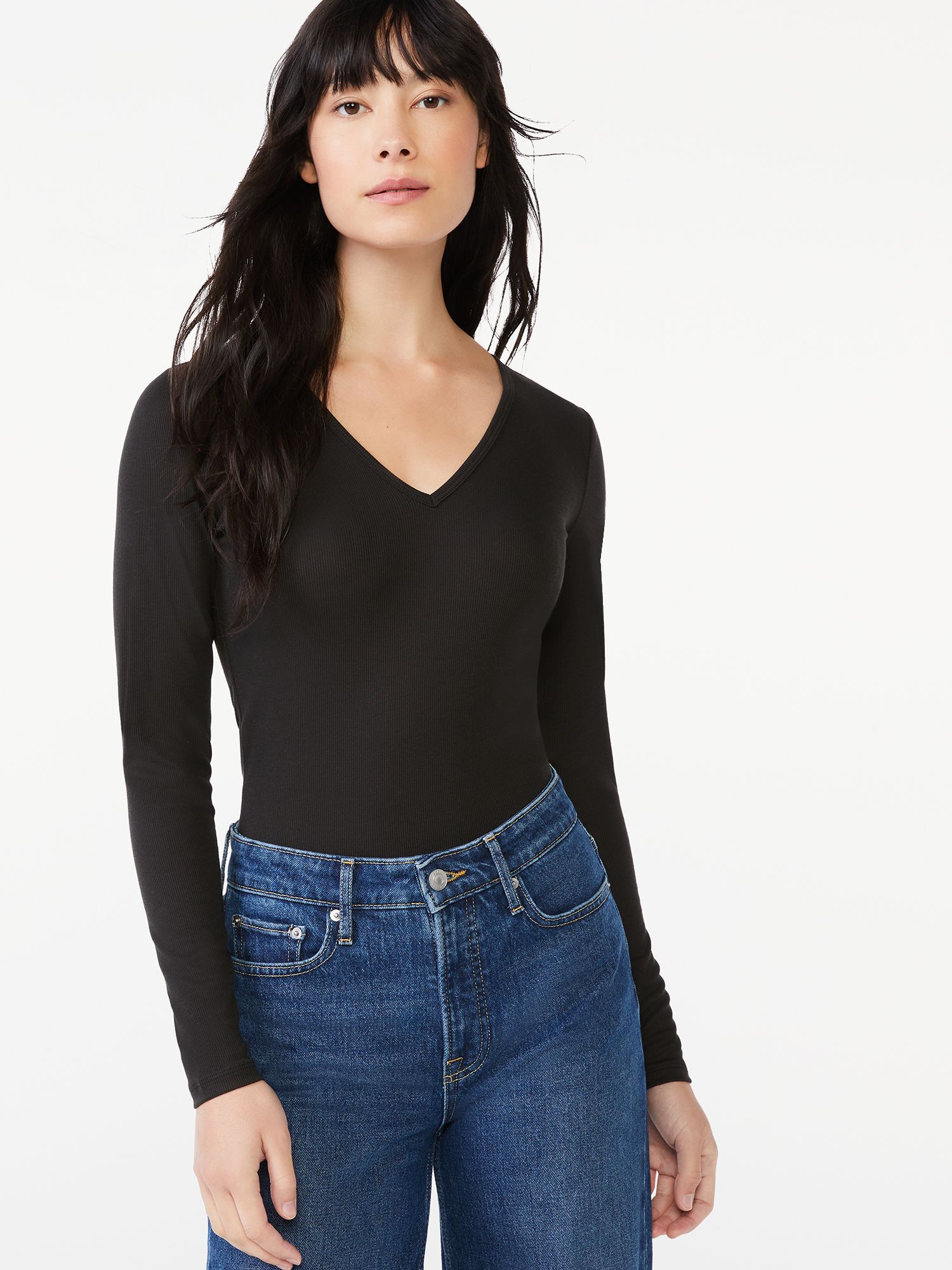Free Assembly Women's V-Neck Bodysuit with Long Sleeves | Walmart (US)