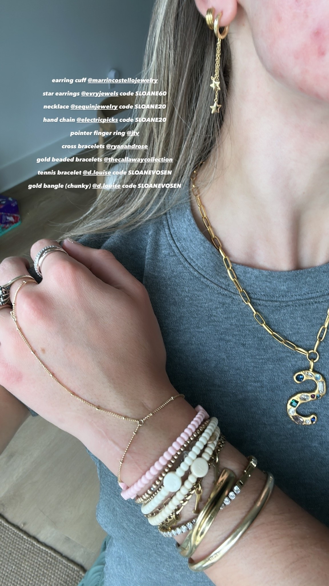 earring cuff @marrincostellojewelry 

star earrings @evryjewels code SLOANE60

necklace @sequinjewelry code SLOANE20

hand chain @electricpicks code SLOANE20

pointer finger ring @jtv 

cross bracelets @ryanandrose 

gold beaded bracelets @thecallawaycollection 

tennis bracelet @d.louise code SLOANEVOSEN

gold bangle (chunky) @d.louise code SLOANEVOSEN

#LTKFindsUnder100 #LTKSaleAlert #LTKStyleTip