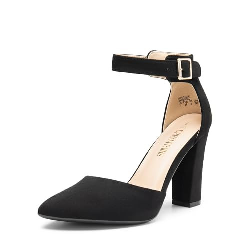 DREAM PAIRS Women's Chunky High Heels Dress Pumps Closed Pointed Toe Block Ankle Strap Shoes for Wedding Party,Size 9.5,Black-Suede,SDPU2451W | Amazon (US)