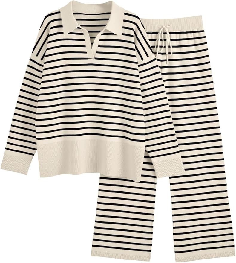 LILLUSORY Women Striped 2 Piece Outfits Lounge Sets Matching Two Piece Sweater set V Neck Sweatsu... | Amazon (US)